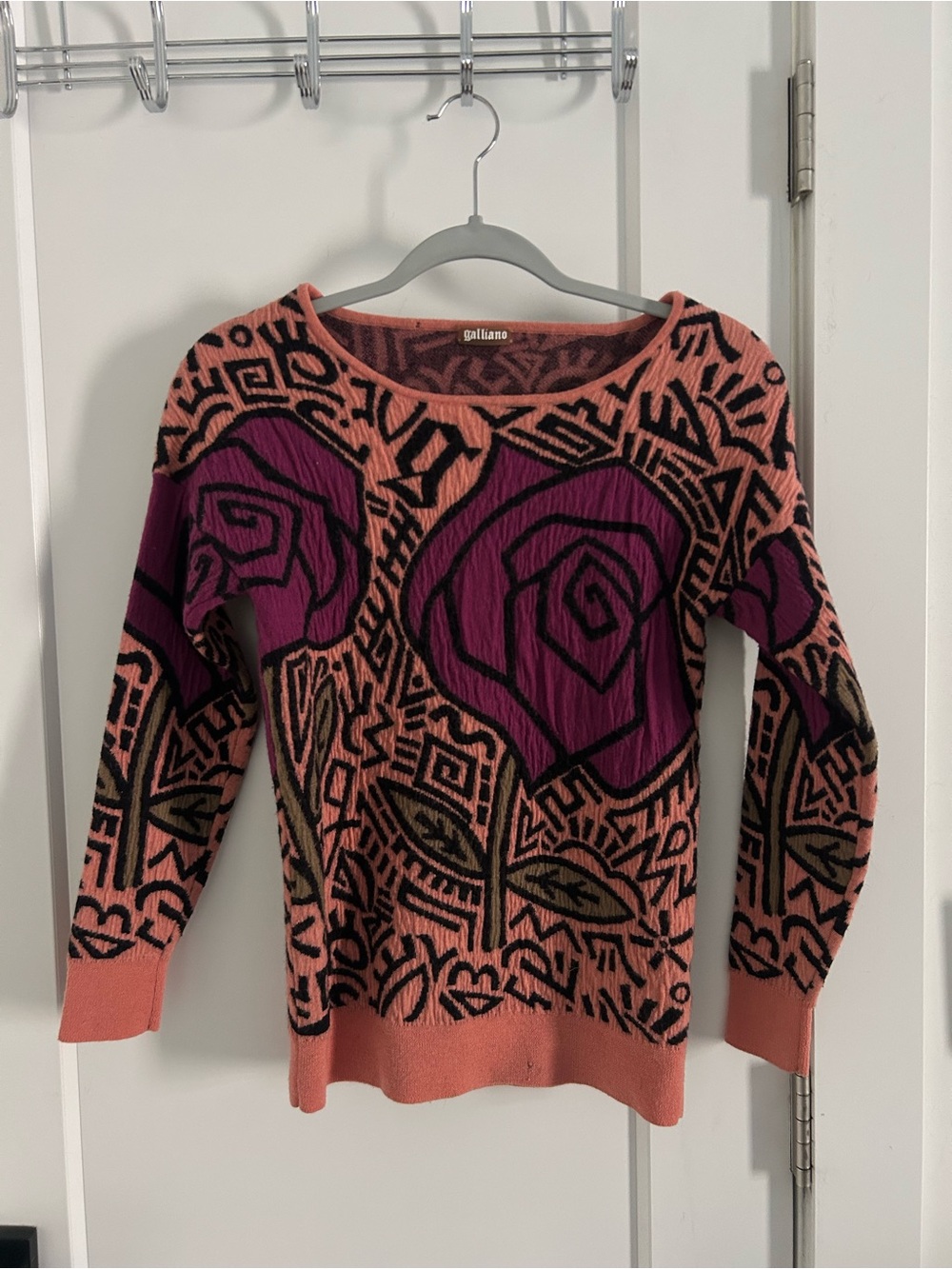 John Galliano Women’s Coral & Purple Patterned Knit Sweater